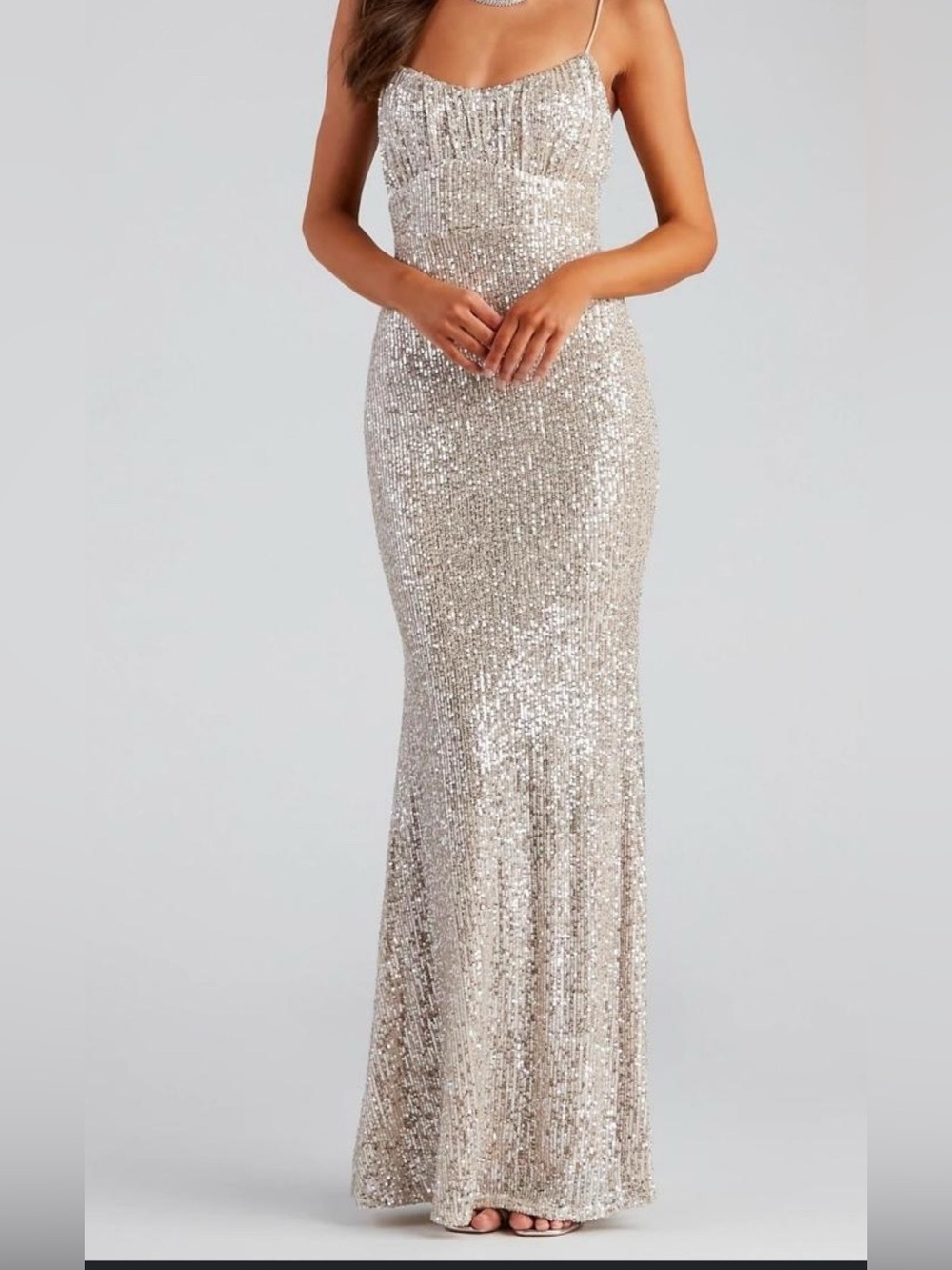 Francesca's Collections silver and white Sequin Maxi Dress